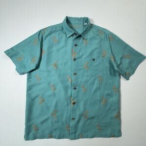 Caribbean Palm Tree Shirt L Teal Modal Hawaiian Camp Button Up Vacation Summer